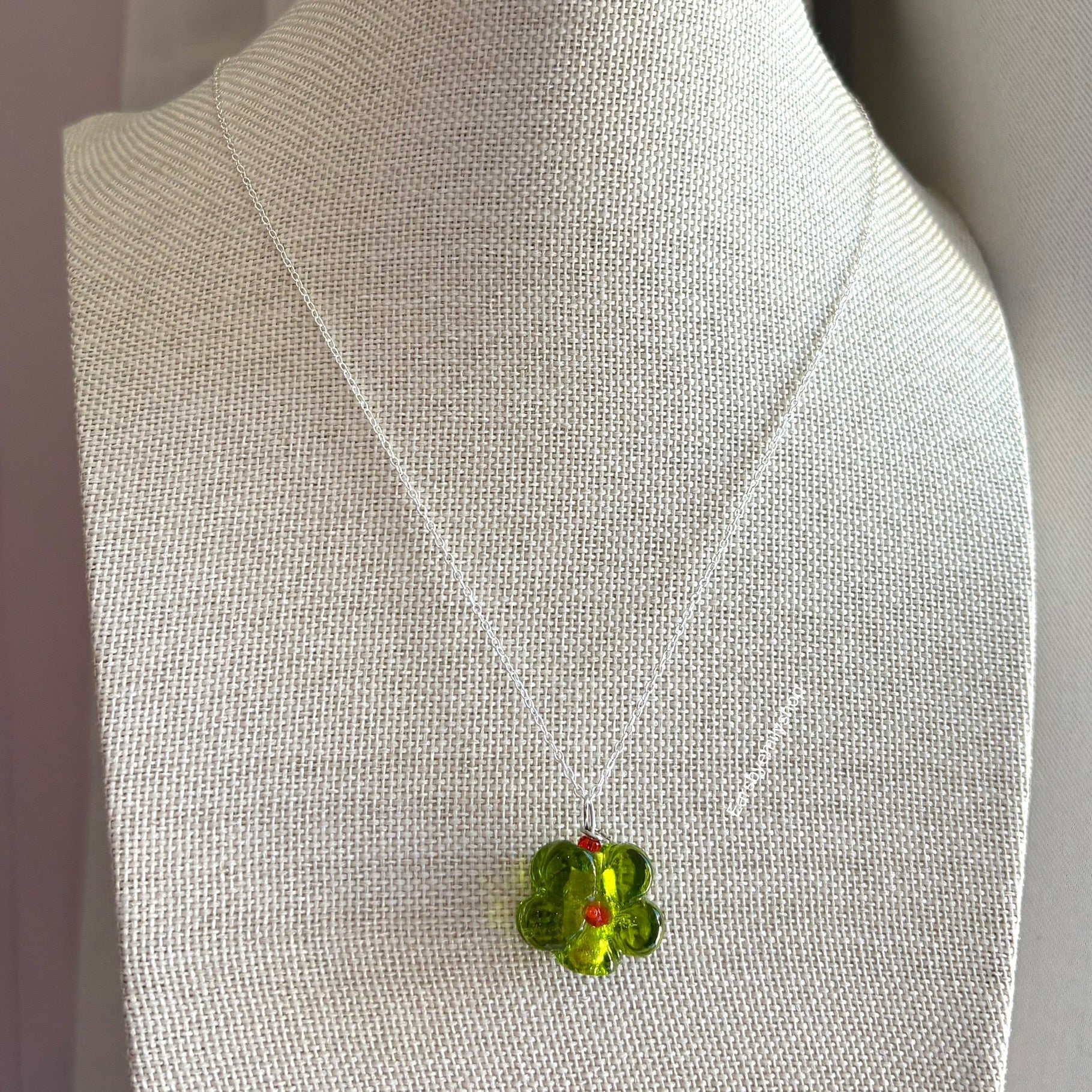 Cool green glass flower necklace on sterling silver chain