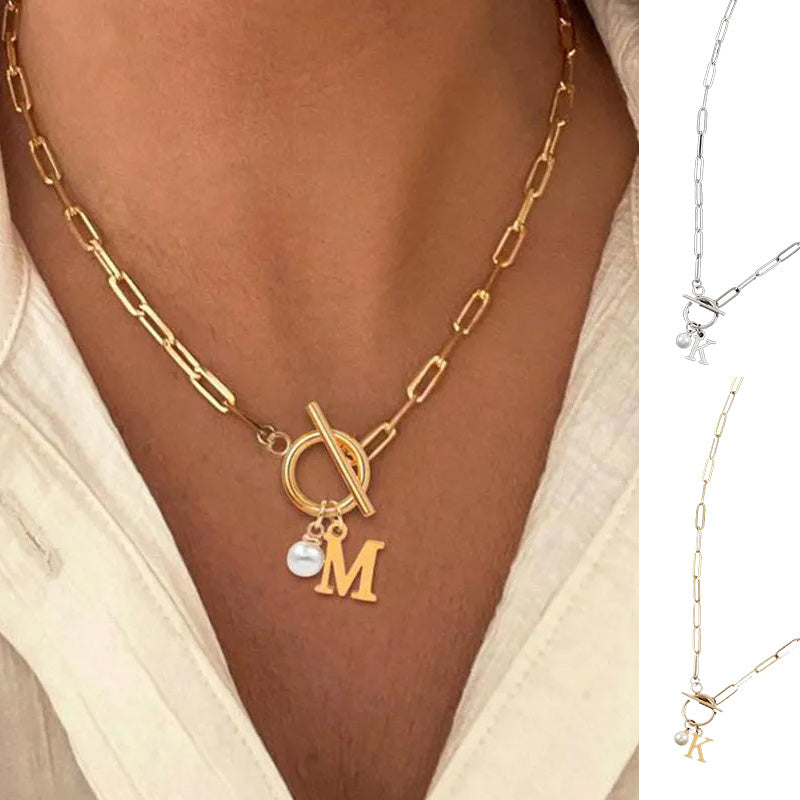 26 English Letter Necklace with Pearl Pendant
