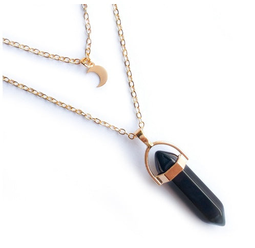 Unisex Crystal Moon & Hexagonal Turquoise Pendant Necklace
