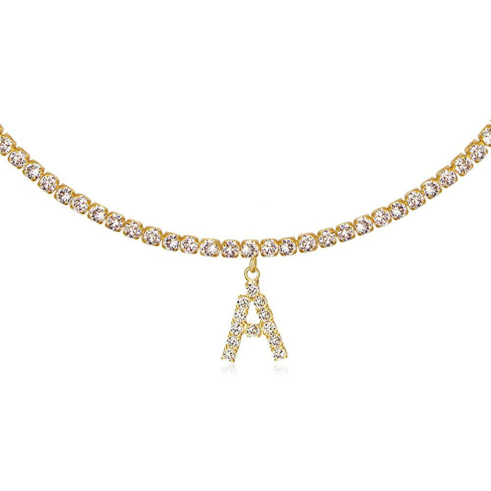 A-Z Letter Zircon Necklace, Silver & Gold