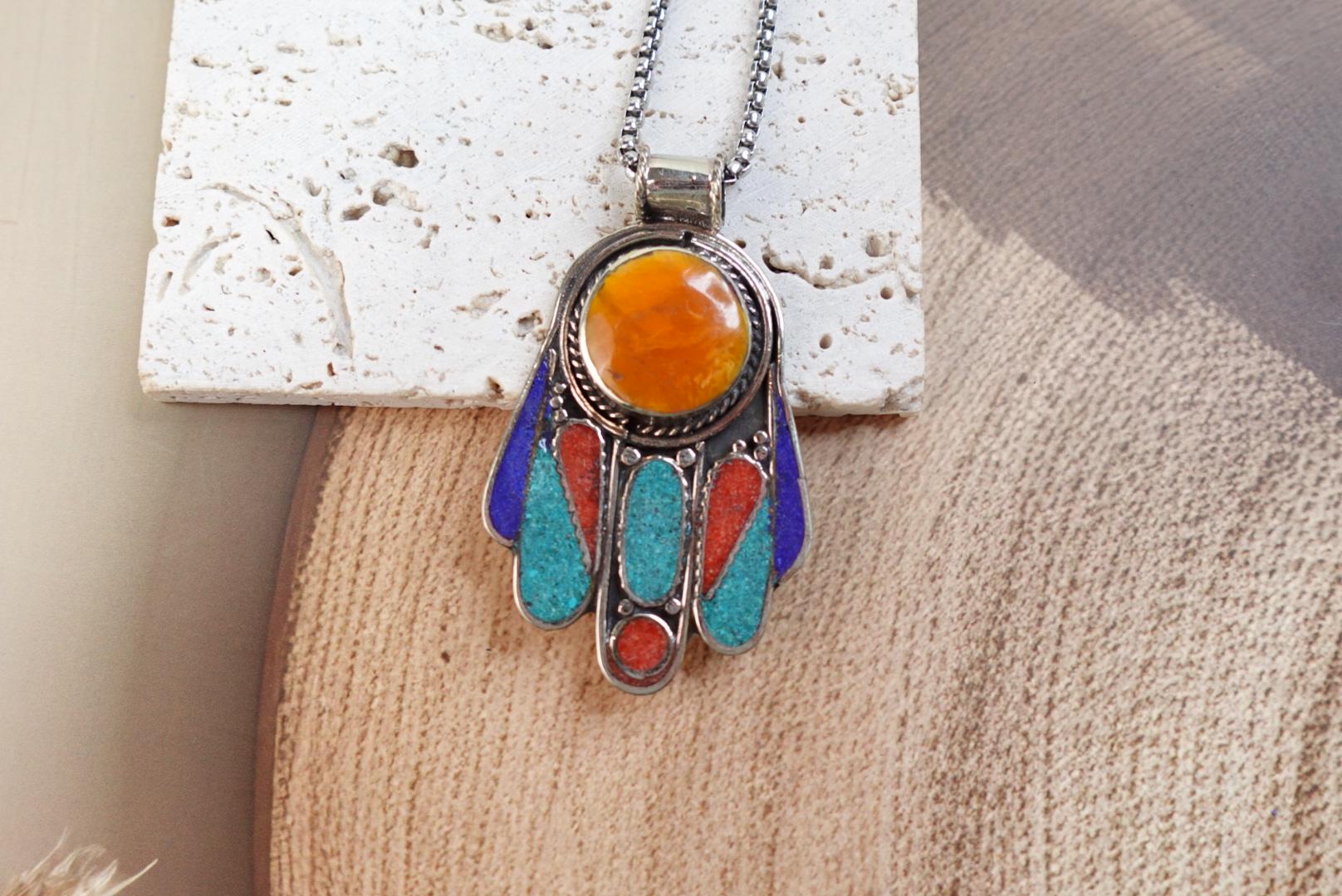 Large Hamsa Pendant - Tibetan Nepal - Amber, Lapis, Turquoise, Coral Stone - Fatima Hands