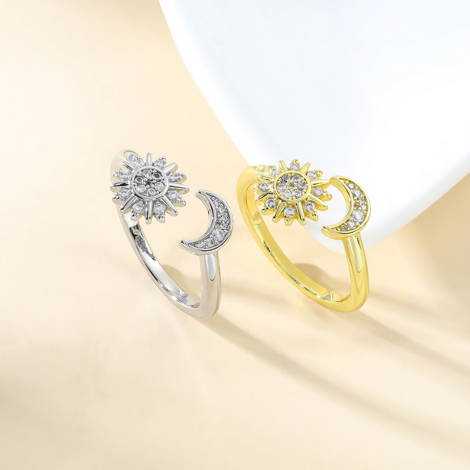 Adjustable Star and Moon Ring with Rhinestones