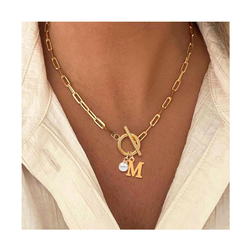 26 English Letter Necklace with Pearl Pendant