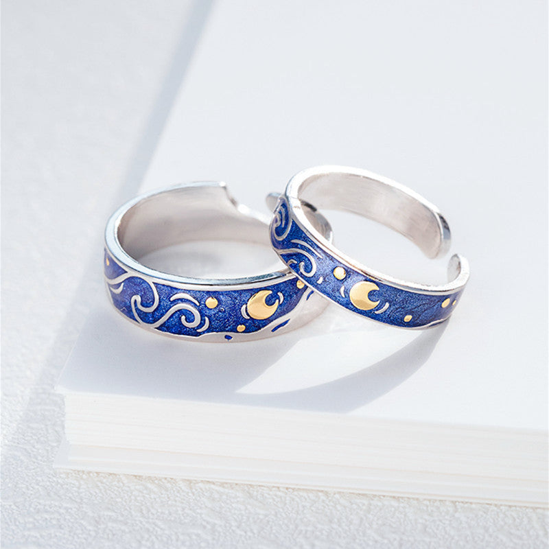 Adjustable Sea Blue Starry Sky Couple Ring