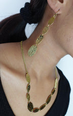 Hammered Gold Disc Necklace and Drop Earrings Set – Textured Oval Link Statement Jewelry