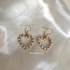 Faux gold white pearl heart dangle earrings