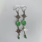 Stainless steel star and green bead statement dangle earrings