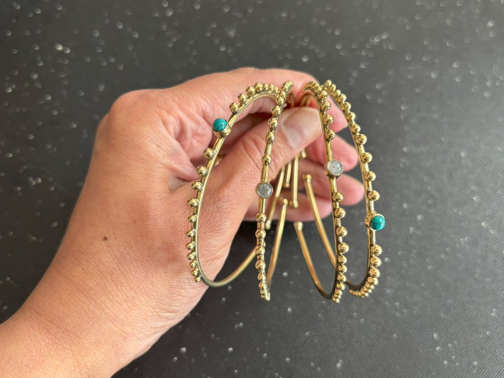 Labradorite/Turquoise/Moonstone Beaded Brass Bangles.