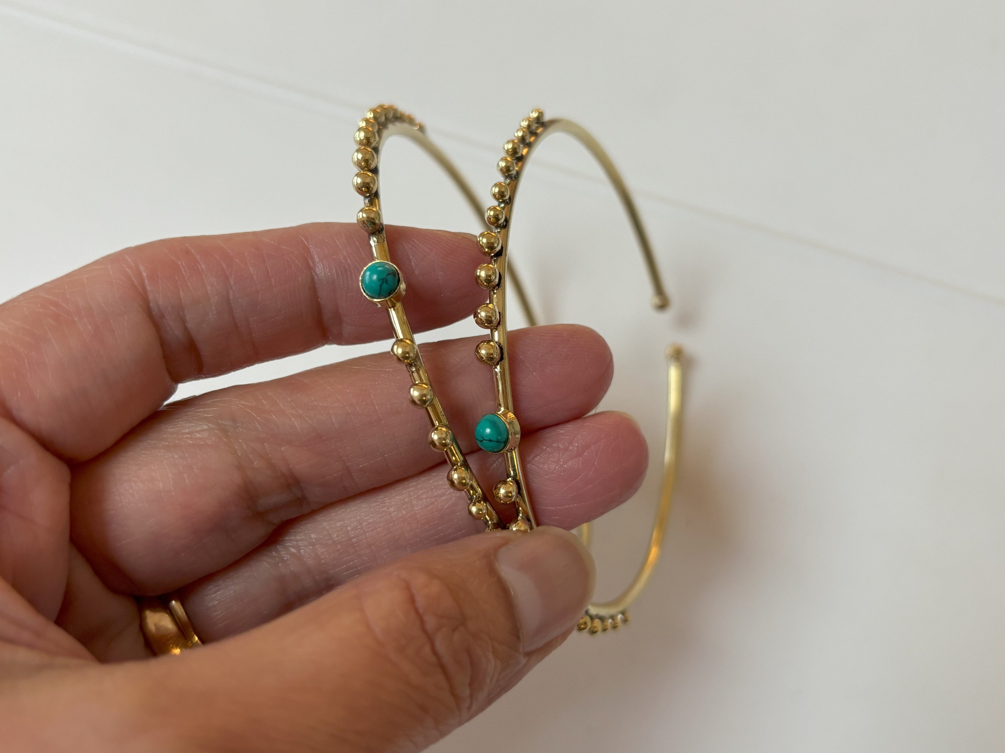 Labradorite/Turquoise/Moonstone Beaded Brass Bangles.