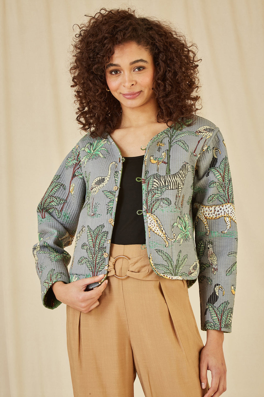 Veste Courte Matelassée Réversible en Coton à Imprimé Animal Vert Yumi