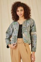 Veste Courte Matelassée Réversible en Coton à Imprimé Animal Vert Yumi