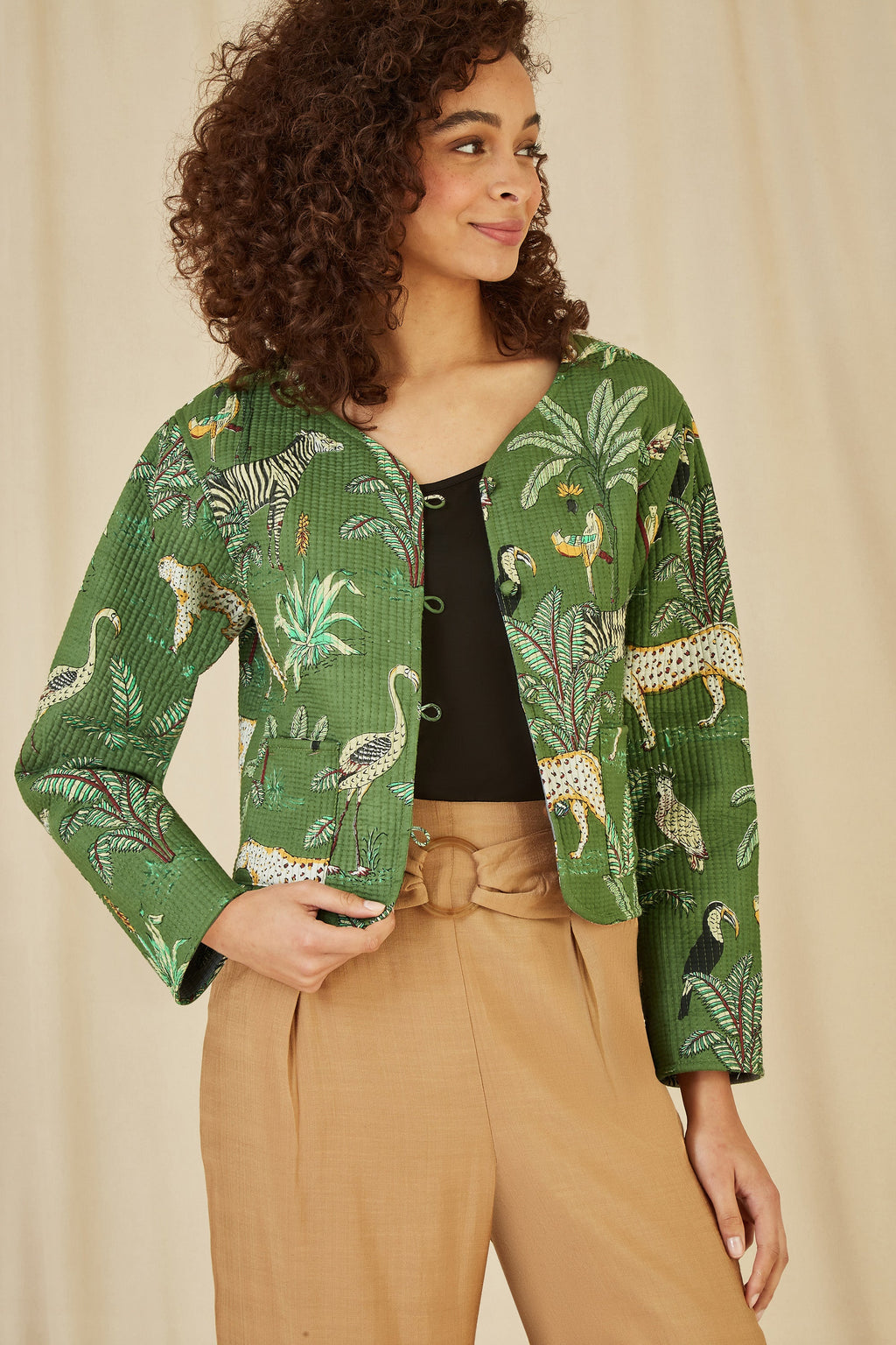 Veste Courte Matelassée Réversible en Coton à Imprimé Animal Vert Yumi