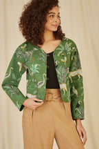 Veste Courte Matelassée Réversible en Coton à Imprimé Animal Vert Yumi