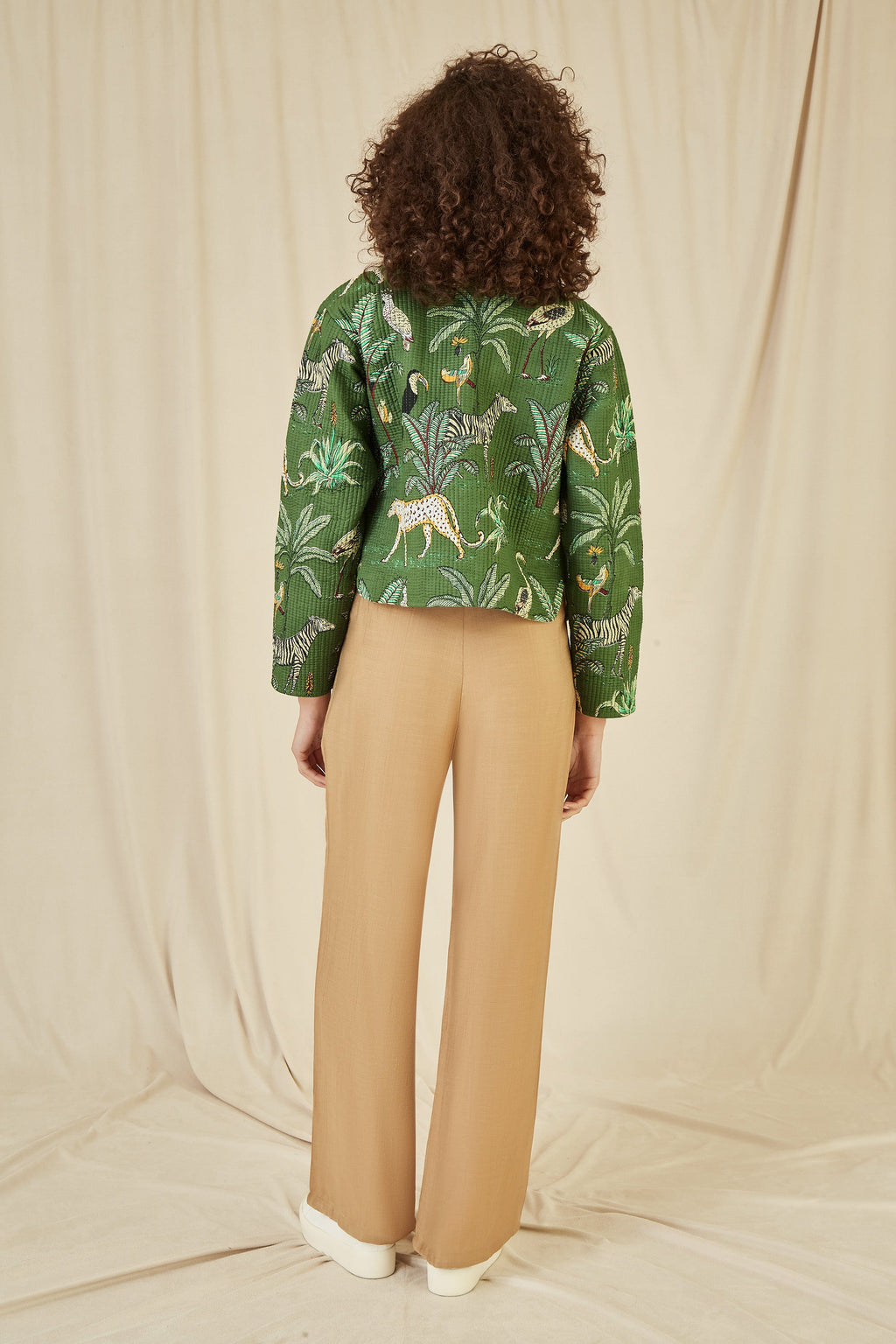 Veste Courte Matelassée Réversible en Coton à Imprimé Animal Vert Yumi