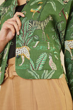 Veste Courte Matelassée Réversible en Coton à Imprimé Animal Vert Yumi