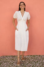 Yumi White Broderie Anglaise Midi Dress With Split Hemline