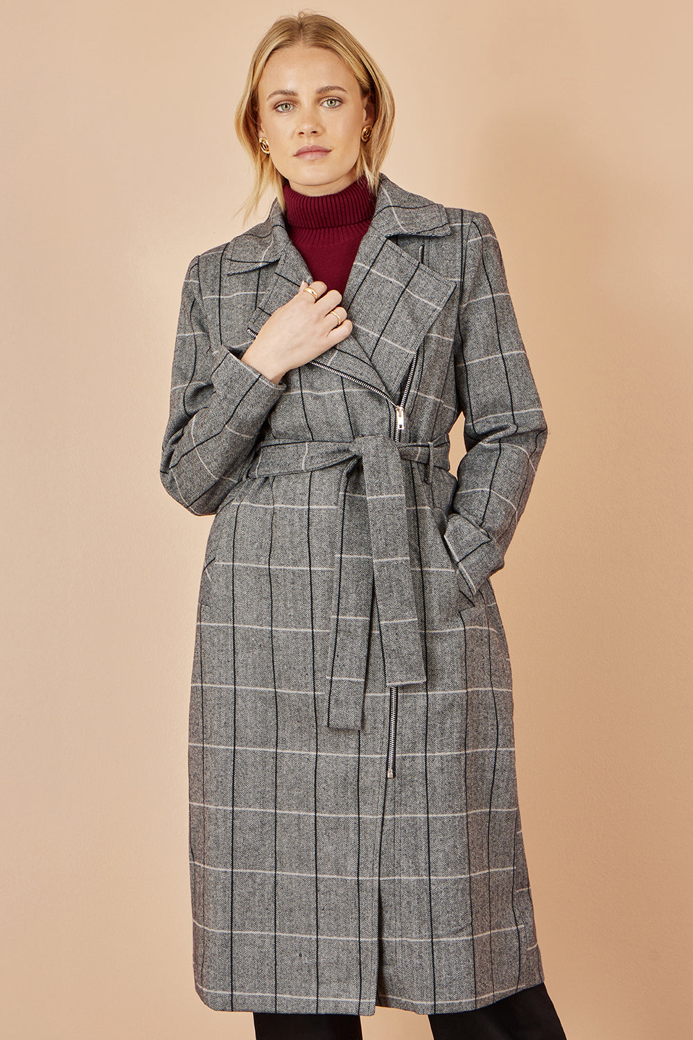 Manteau long motard oversize à carreaux gris Yumi
