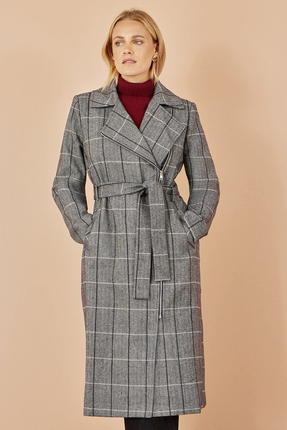 Manteau long motard oversize à carreaux gris Yumi