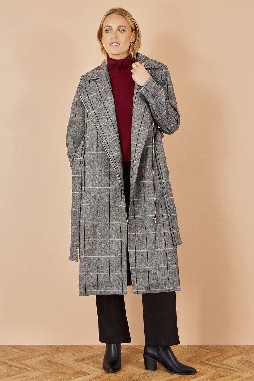 Manteau long motard oversize à carreaux gris Yumi