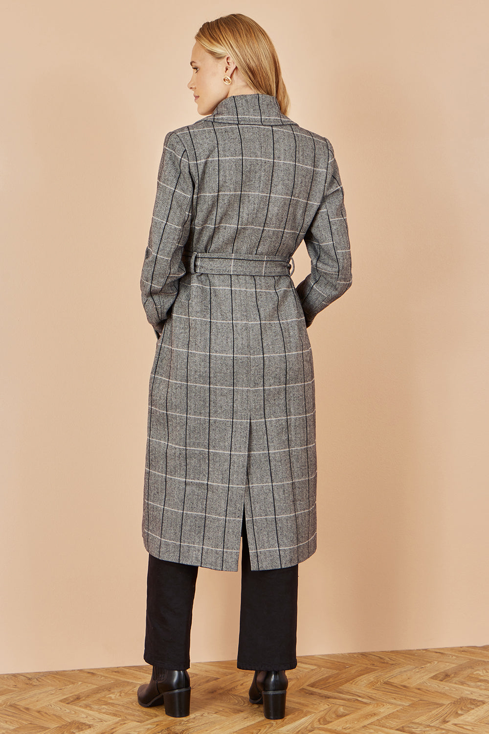 Manteau long motard oversize à carreaux gris Yumi