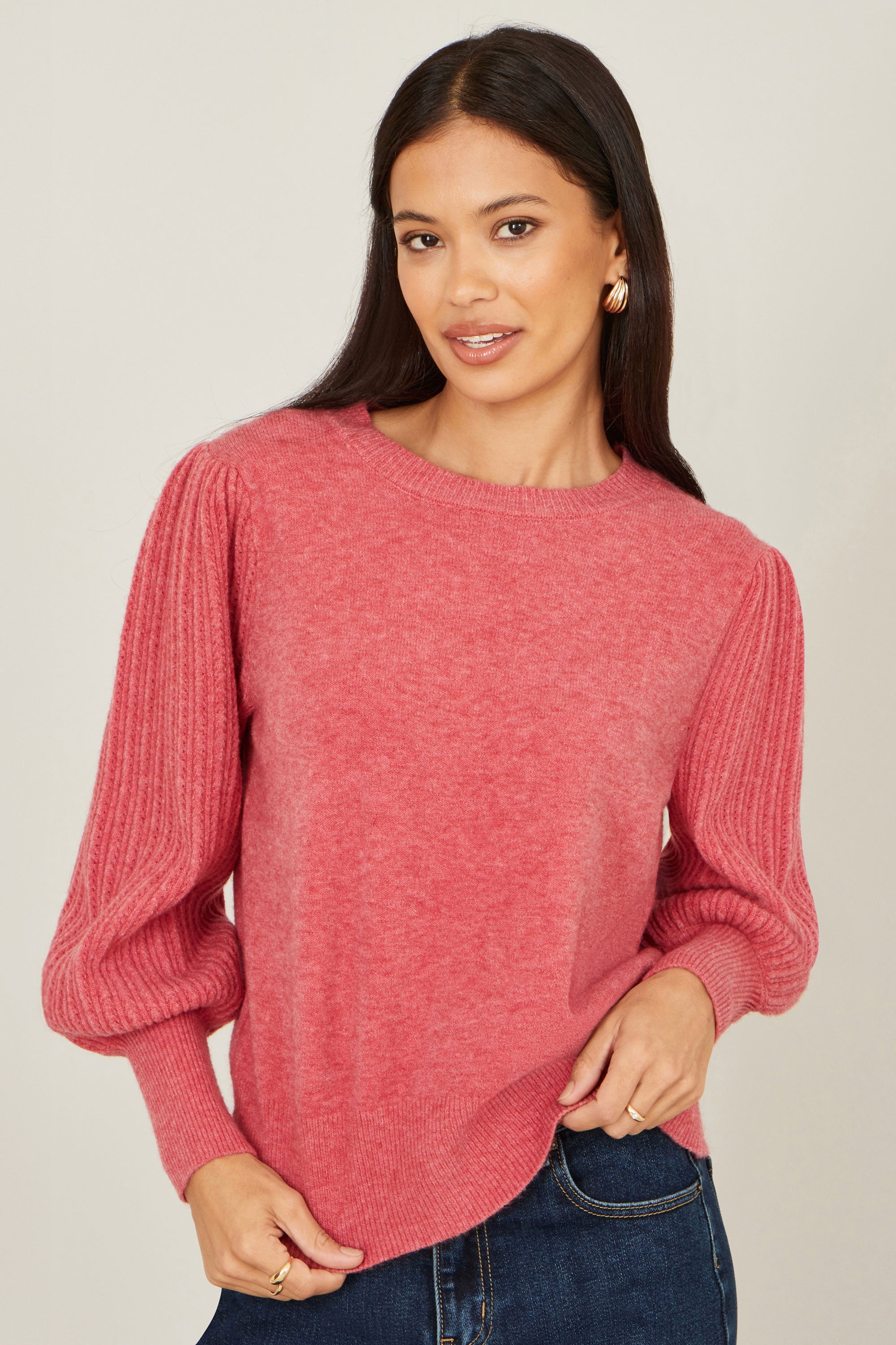 Pull en maille rose à manches ballon Yumi