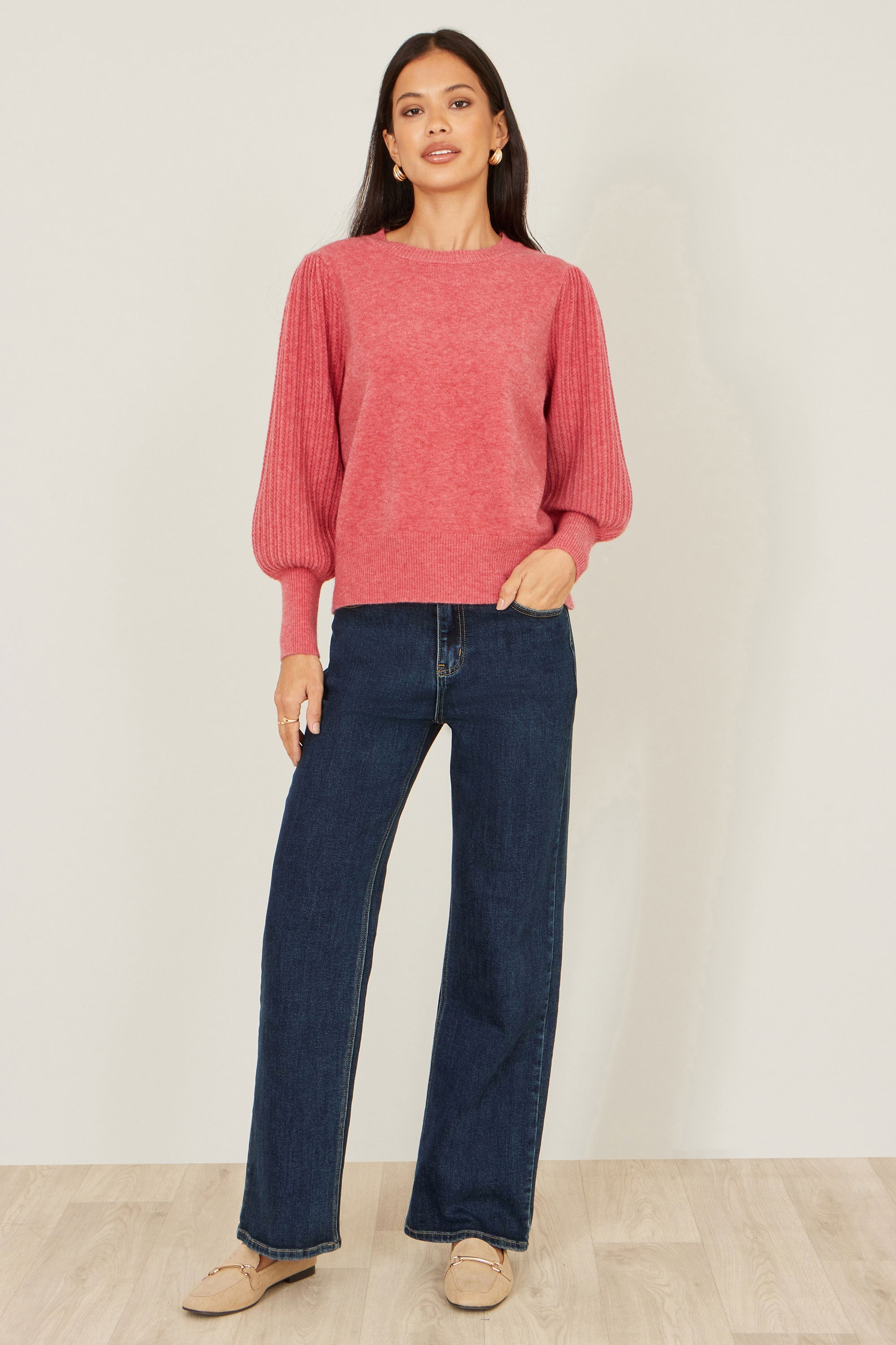 Pull en maille rose à manches ballon Yumi
