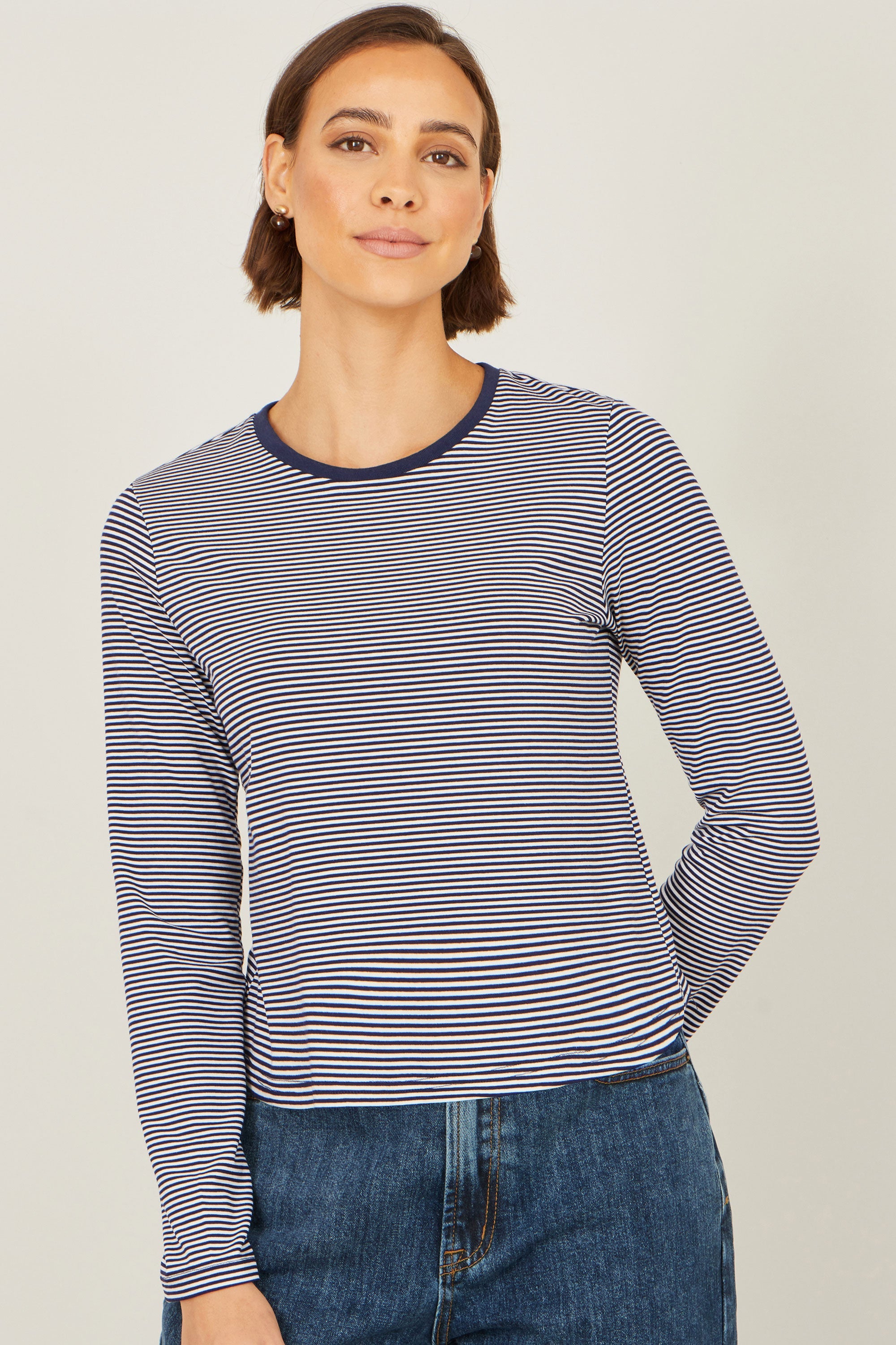 Yumi Navy Striped Jersey Long Sleeve T-Shirt