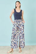 Yumi Blue Bird Print Viscose Wide Leg Trousers