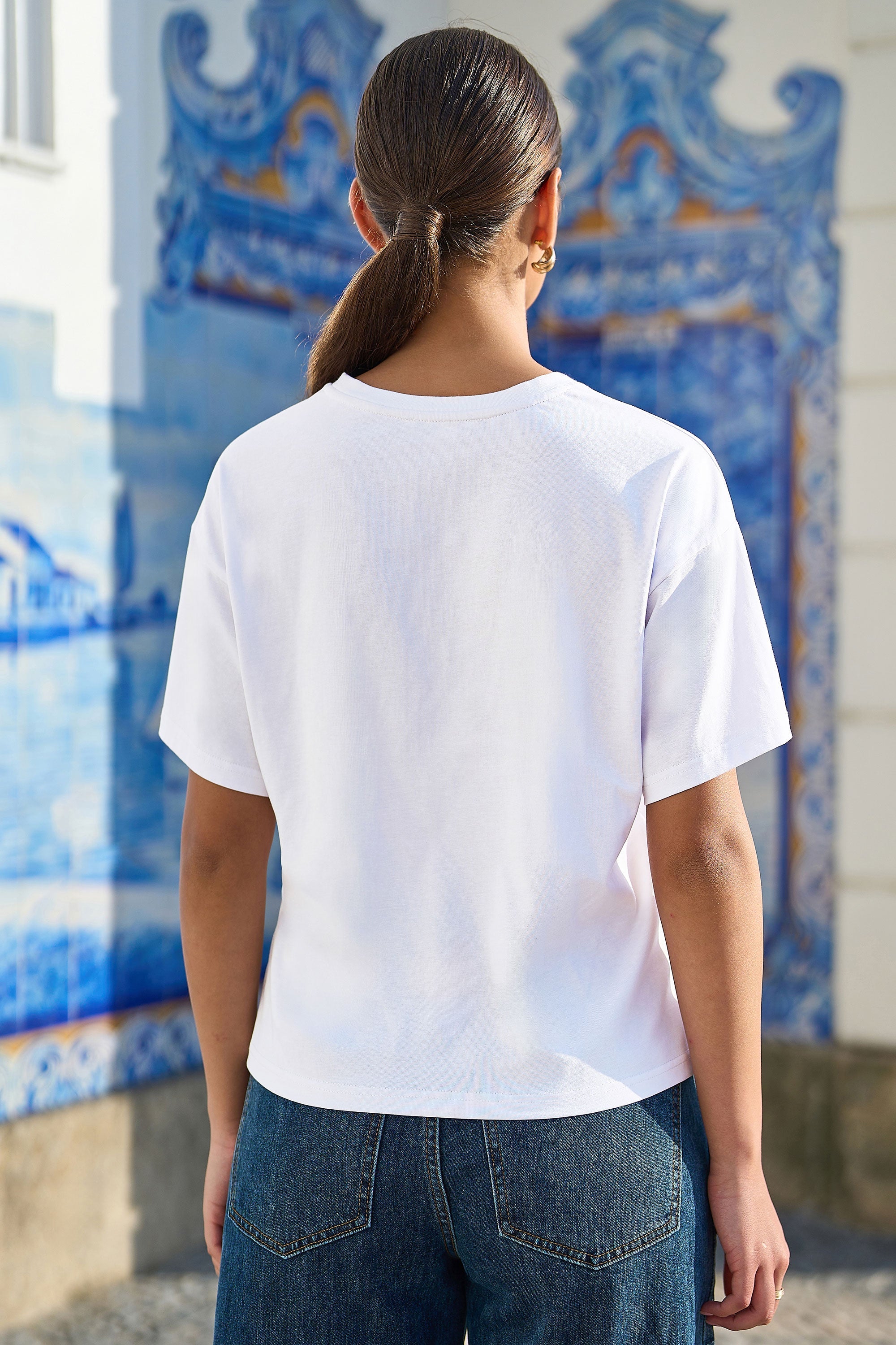 Yumi White Cotton Summer Motif T-Shirt