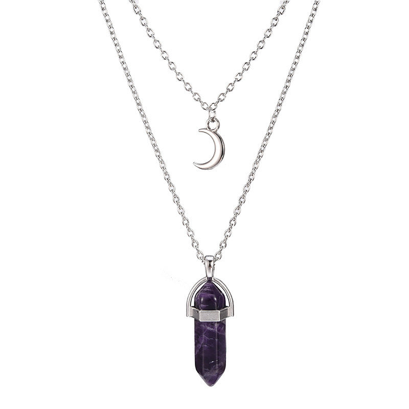 Unisex Crystal Moon & Hexagonal Turquoise Pendant Necklace