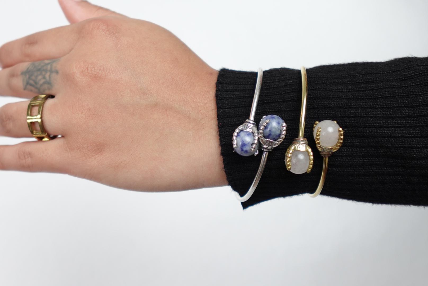 Gem Duo Adjustable Wire Bangles - Delicate wire bangles with paired gemstones