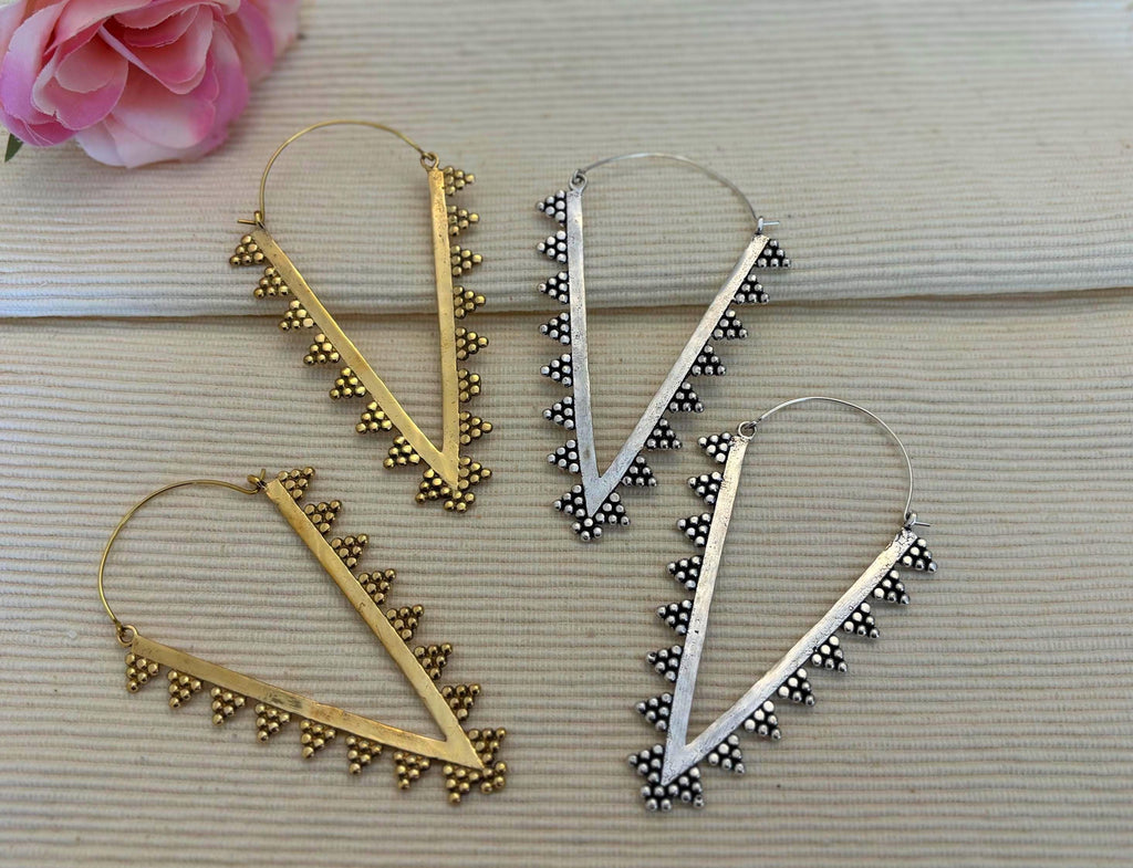 Zahara Spike Hoops - Edgy Brass Triangle Hoops with Boho Desert Vibes.