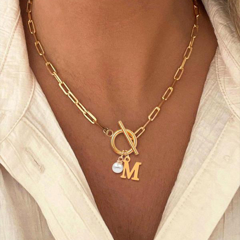 26 English Letter Necklace with Pearl Pendant