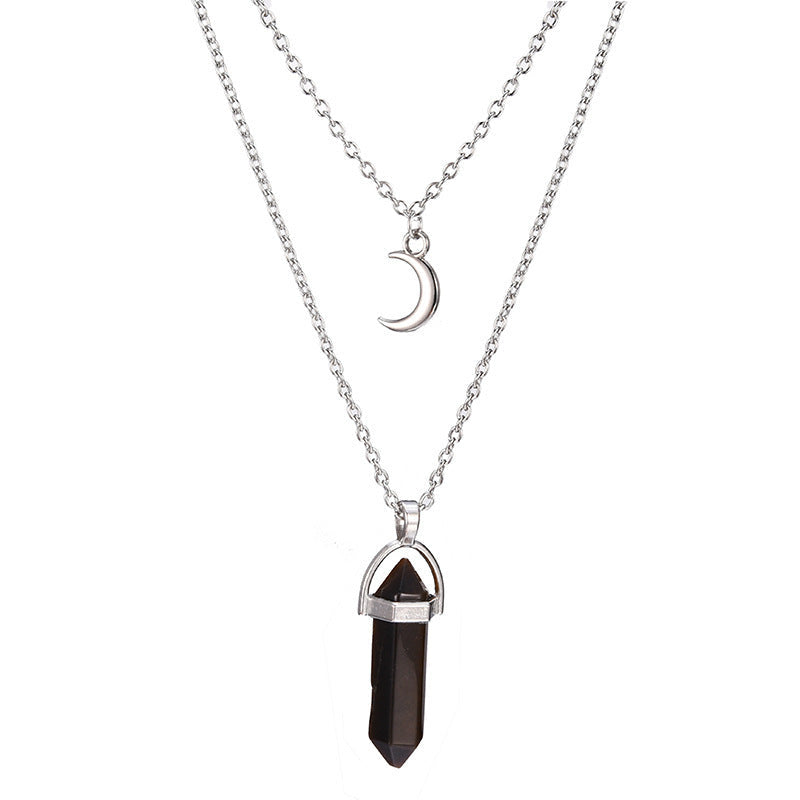 Unisex Crystal Moon & Hexagonal Turquoise Pendant Necklace