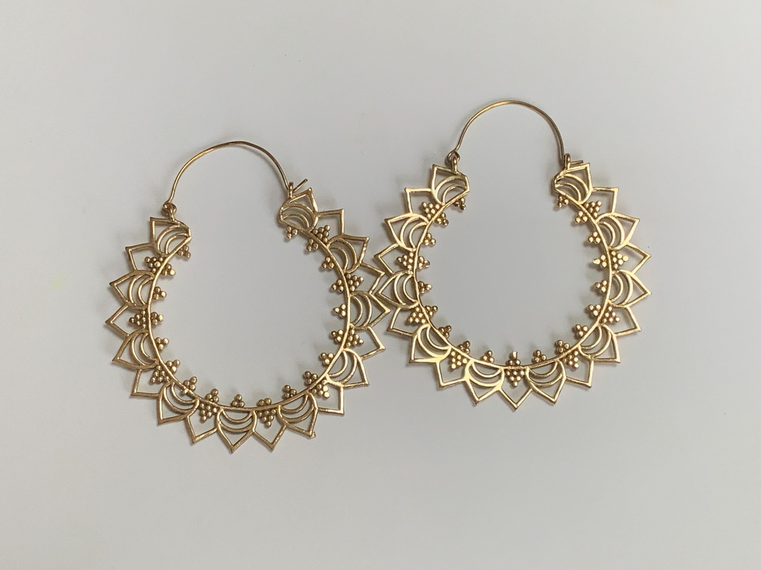 Sunray Mandala Brass/Silver Hoops – Bold Bohemian Circle Earrings.