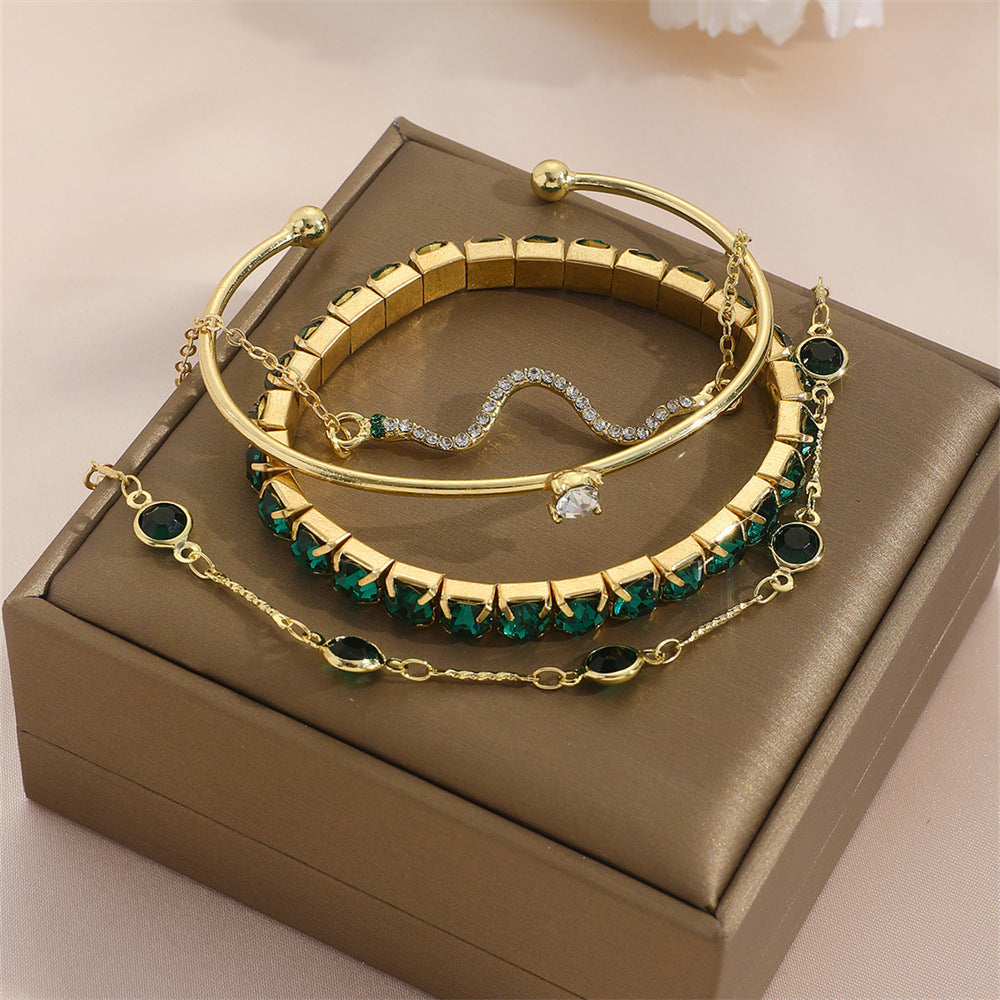 4-Piece Green Diamond Stretch Bracelet Set