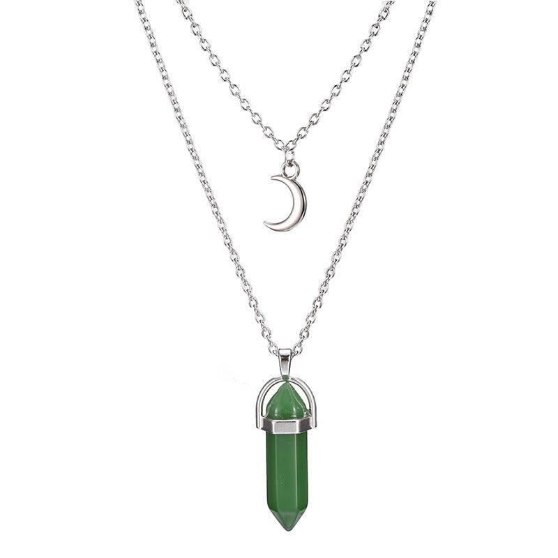 Unisex Crystal Moon & Hexagonal Turquoise Pendant Necklace