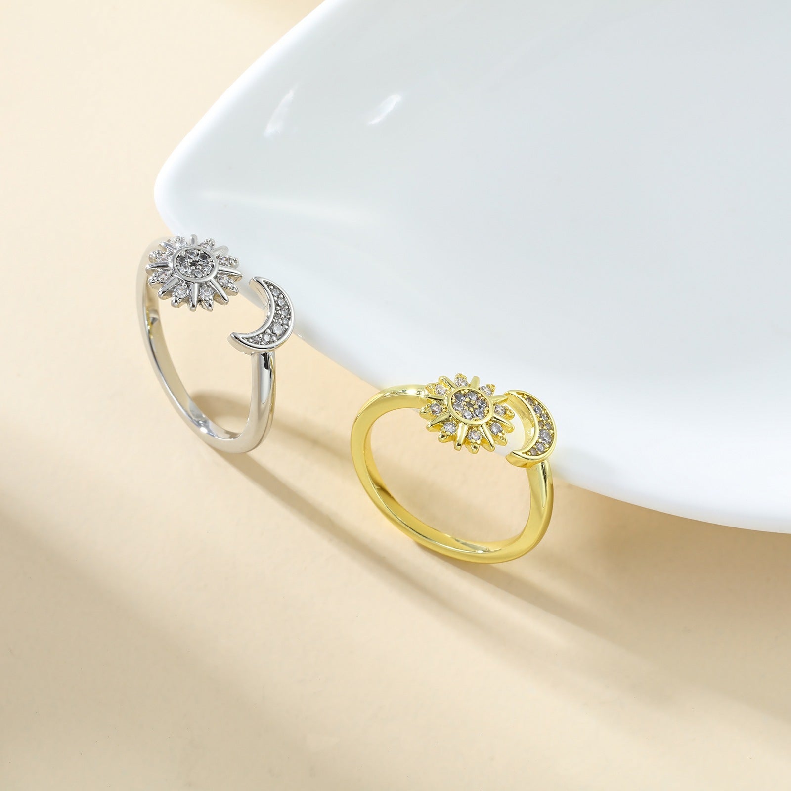 Adjustable Star and Moon Ring with Rhinestones