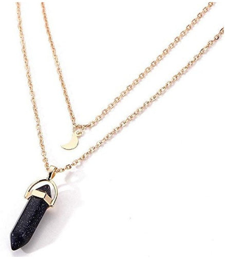 Unisex Crystal Moon & Hexagonal Turquoise Pendant Necklace