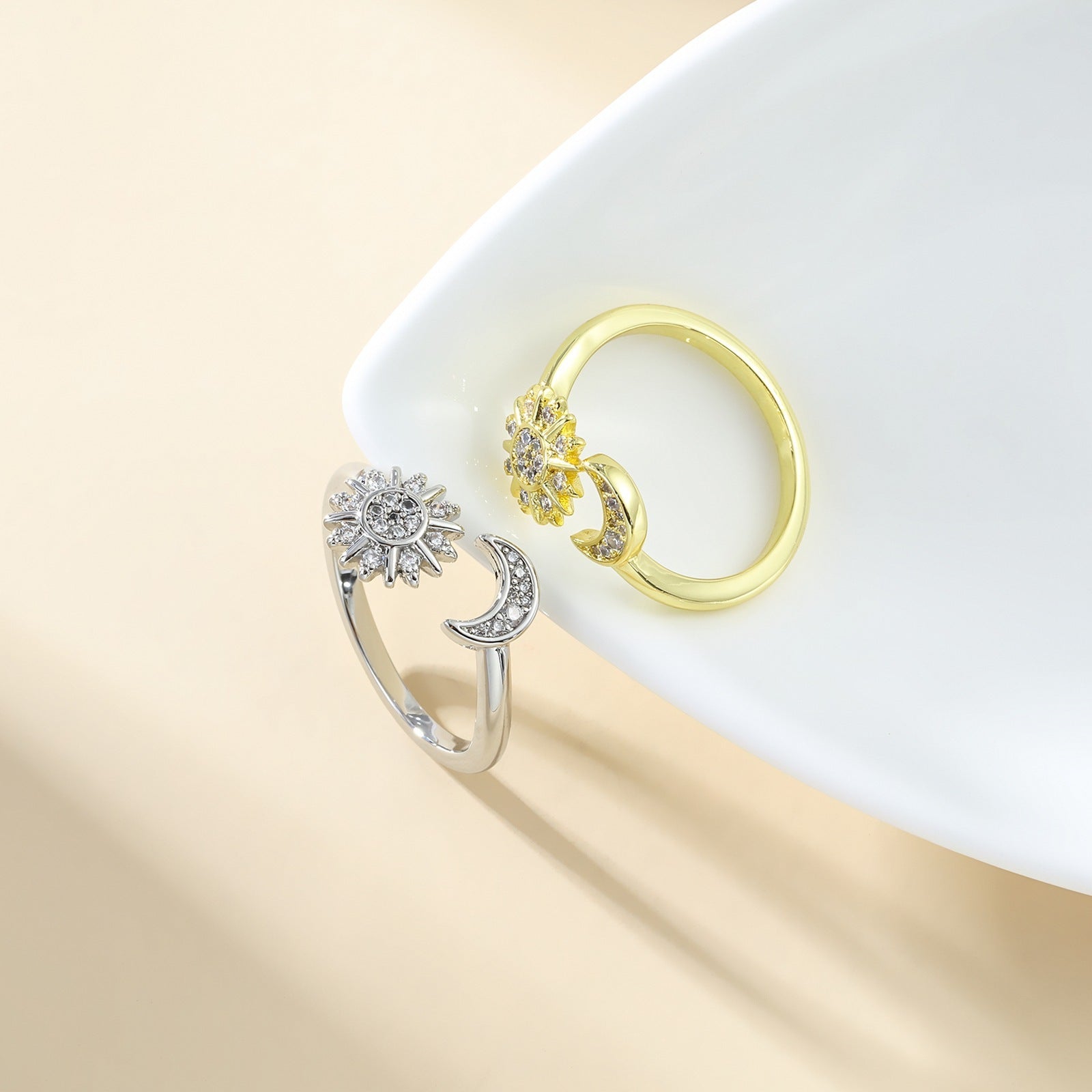 Adjustable Star and Moon Ring with Rhinestones