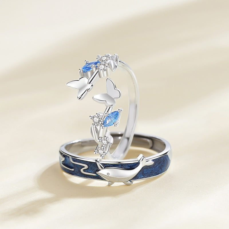 Adjustable Silver Whale Butterfly Couple Rings