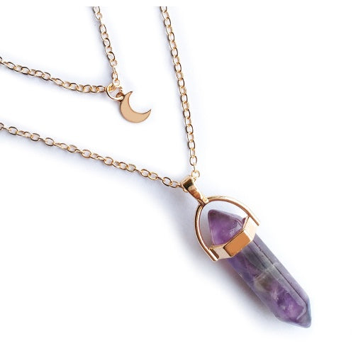 Unisex Crystal Moon & Hexagonal Turquoise Pendant Necklace