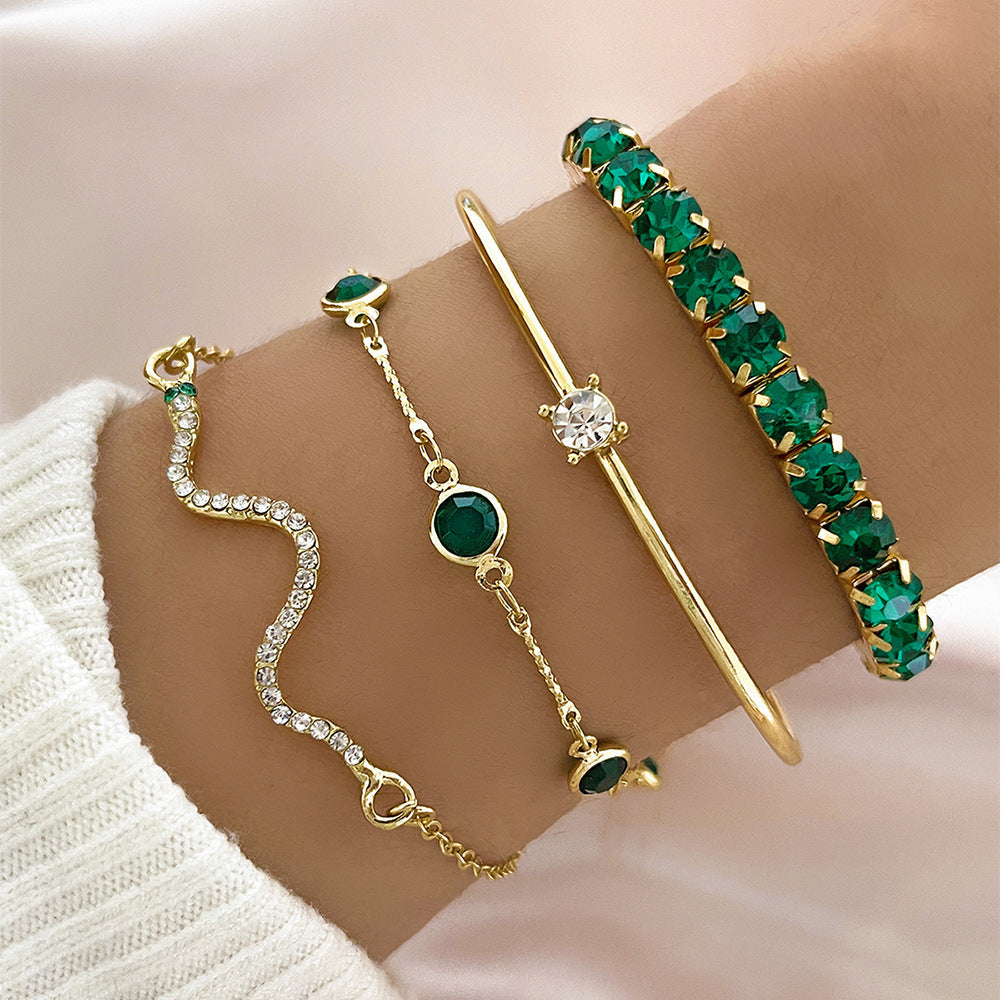 4-Piece Green Diamond Stretch Bracelet Set