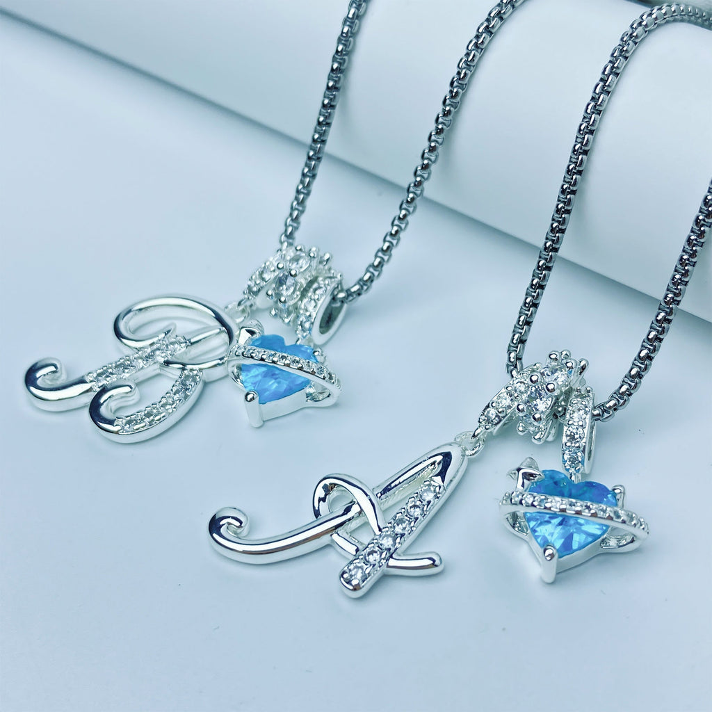 A-Z Alphabet Elegant Blue Heart Necklace with Zircons