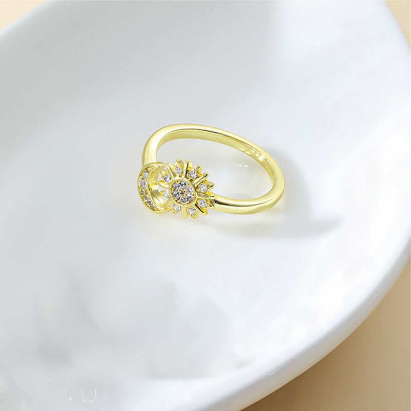 Adjustable Star and Moon Ring with Rhinestones