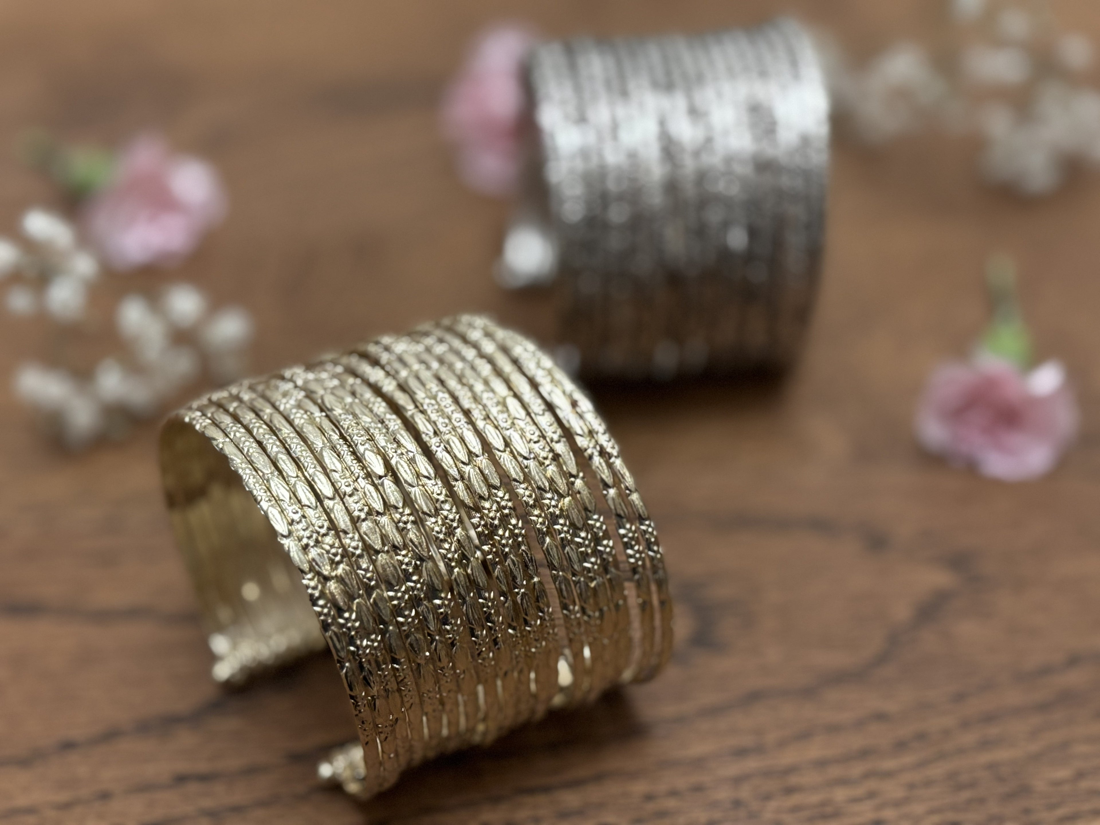 Hammered Gold/Silver Finish Stack Cuff – Adjustable Brass Bangles Set.