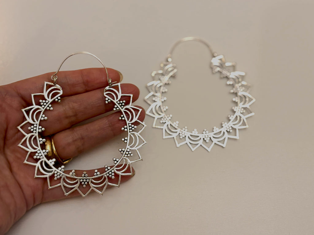 Sunray Mandala Brass/Silver Hoops – Bold Bohemian Circle Earrings.