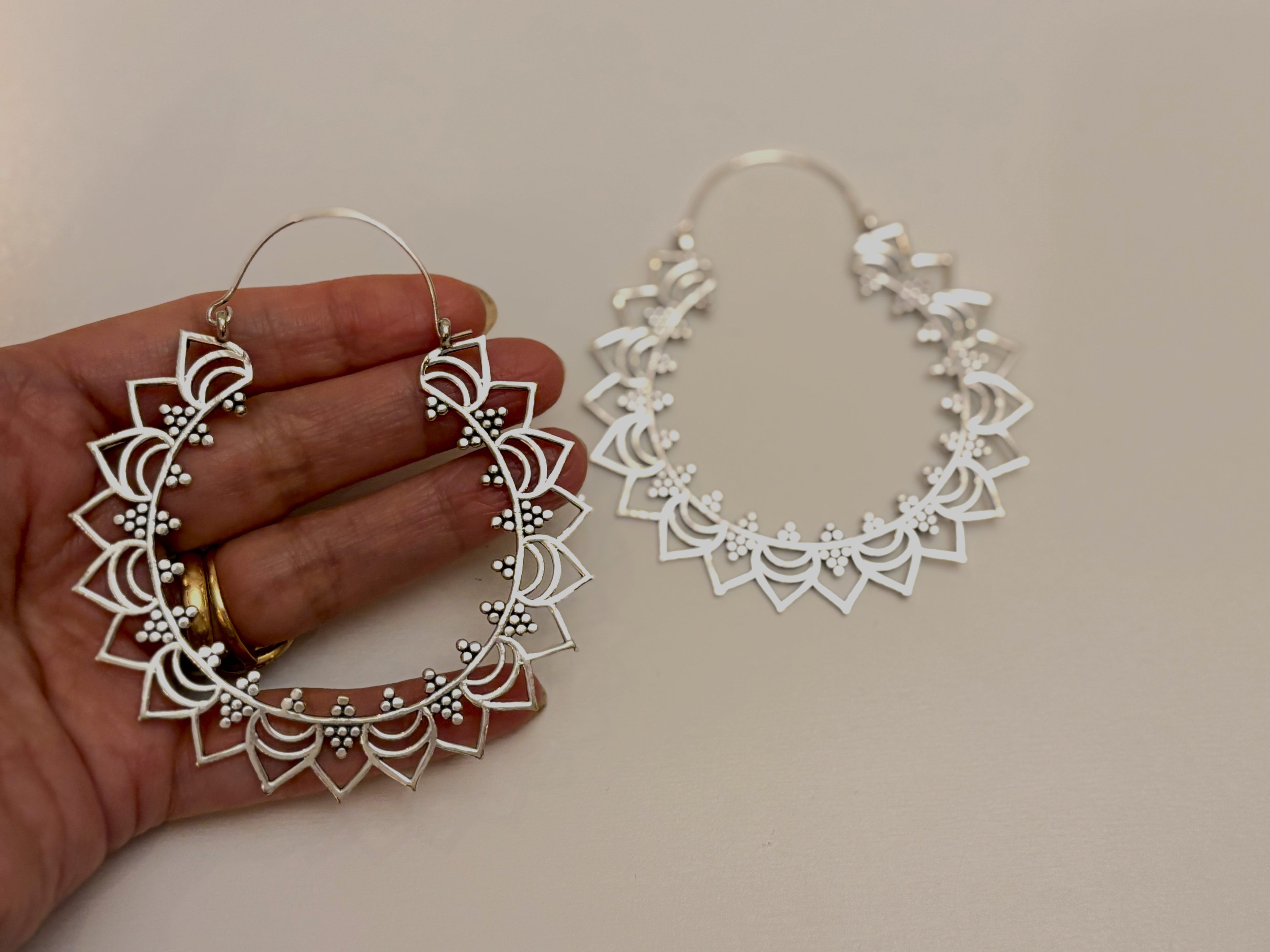 Sunray Mandala Brass/Silver Hoops – Bold Bohemian Circle Earrings.