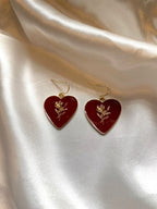 Dark red heart with gold rose dangle drop earrings on 18k gold plated hooks