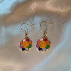 Rainbow flower smiley face gold earrings